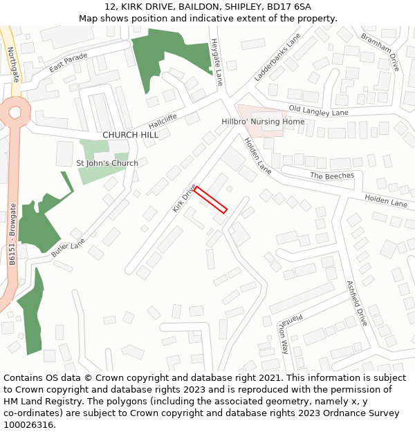 12, KIRK DRIVE, BAILDON, SHIPLEY, BD17 6SA: Location map and indicative extent of plot