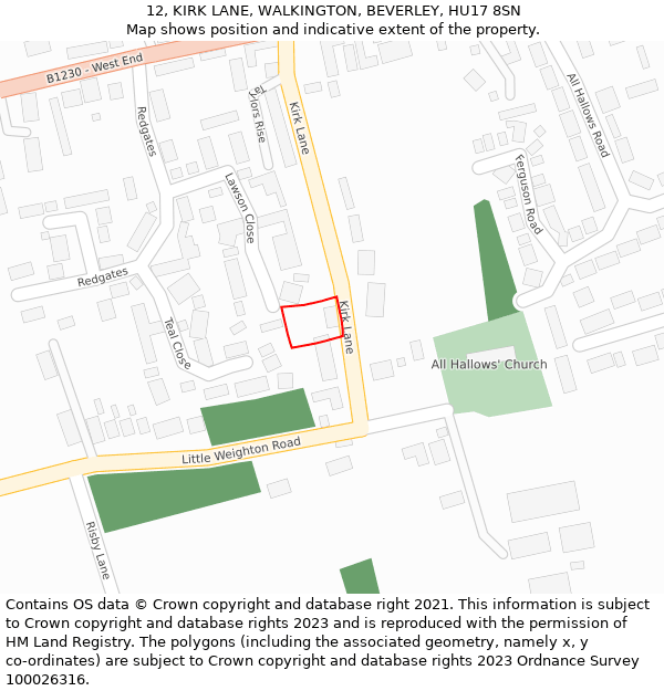 12, KIRK LANE, WALKINGTON, BEVERLEY, HU17 8SN: Location map and indicative extent of plot