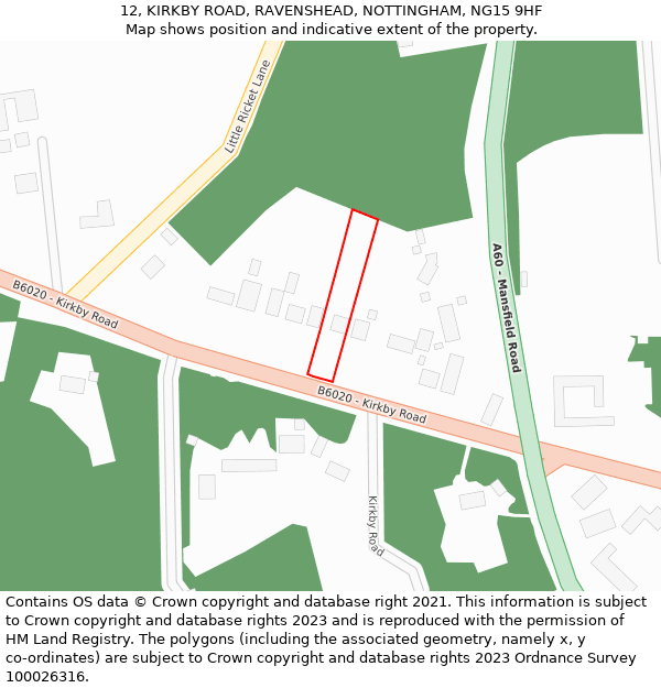 12, KIRKBY ROAD, RAVENSHEAD, NOTTINGHAM, NG15 9HF: Location map and indicative extent of plot