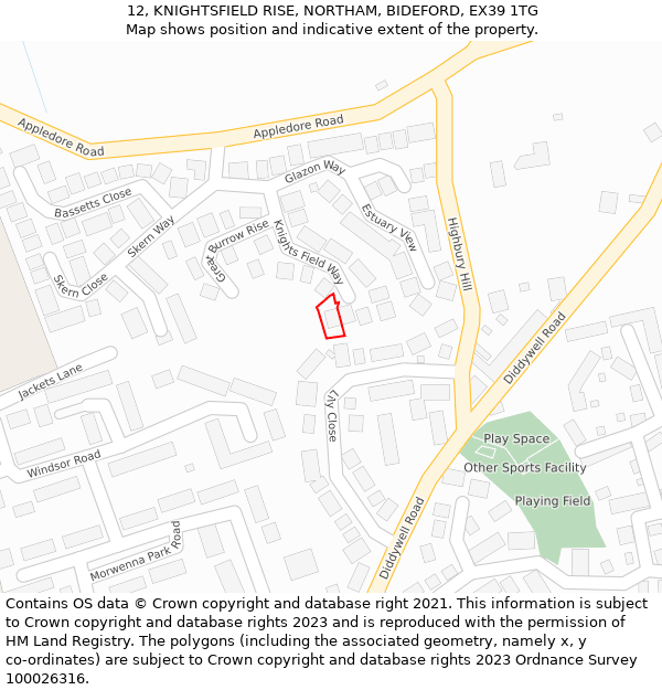 12, KNIGHTSFIELD RISE, NORTHAM, BIDEFORD, EX39 1TG: Location map and indicative extent of plot