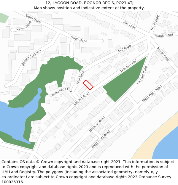 12, LAGOON ROAD, BOGNOR REGIS, PO21 4TJ: Location map and indicative extent of plot