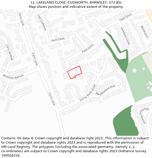 12, LAKELAND CLOSE, CUDWORTH, BARNSLEY, S72 8SL: Location map and indicative extent of plot