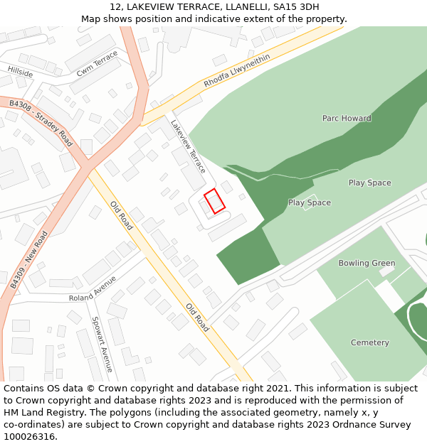 12, LAKEVIEW TERRACE, LLANELLI, SA15 3DH: Location map and indicative extent of plot