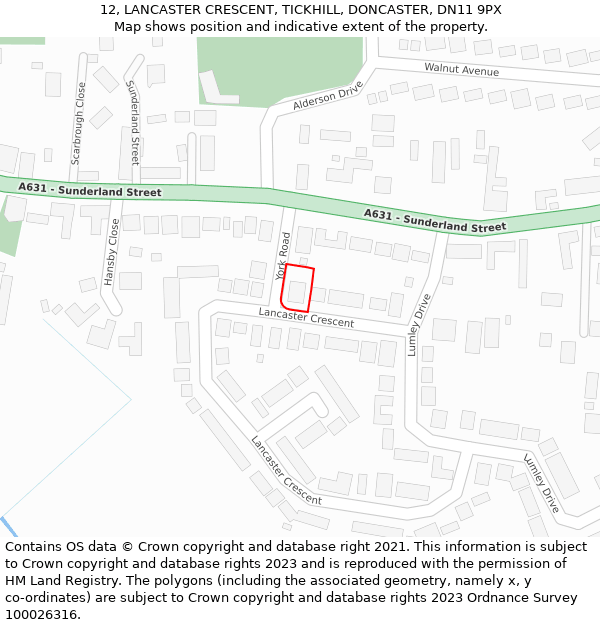 12, LANCASTER CRESCENT, TICKHILL, DONCASTER, DN11 9PX: Location map and indicative extent of plot