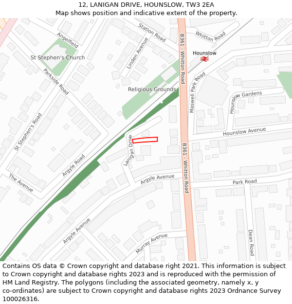 12, LANIGAN DRIVE, HOUNSLOW, TW3 2EA: Location map and indicative extent of plot