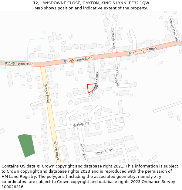 12, LANSDOWNE CLOSE, GAYTON, KING'S LYNN, PE32 1QW: Location map and indicative extent of plot