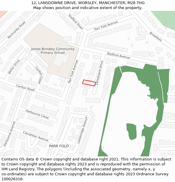 12, LANSDOWNE DRIVE, WORSLEY, MANCHESTER, M28 7HG: Location map and indicative extent of plot