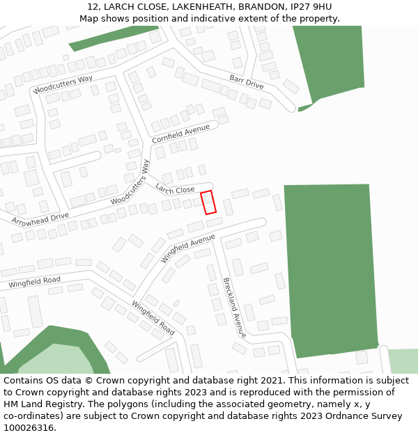 12, LARCH CLOSE, LAKENHEATH, BRANDON, IP27 9HU: Location map and indicative extent of plot