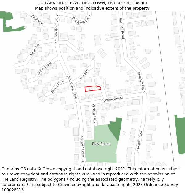 12, LARKHILL GROVE, HIGHTOWN, LIVERPOOL, L38 9ET: Location map and indicative extent of plot