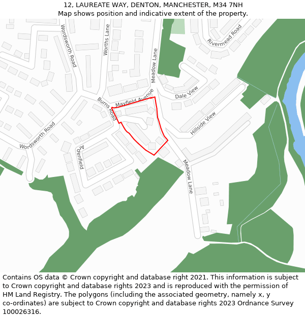 12, LAUREATE WAY, DENTON, MANCHESTER, M34 7NH: Location map and indicative extent of plot