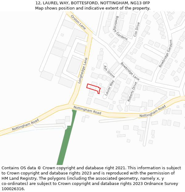 12, LAUREL WAY, BOTTESFORD, NOTTINGHAM, NG13 0FP: Location map and indicative extent of plot