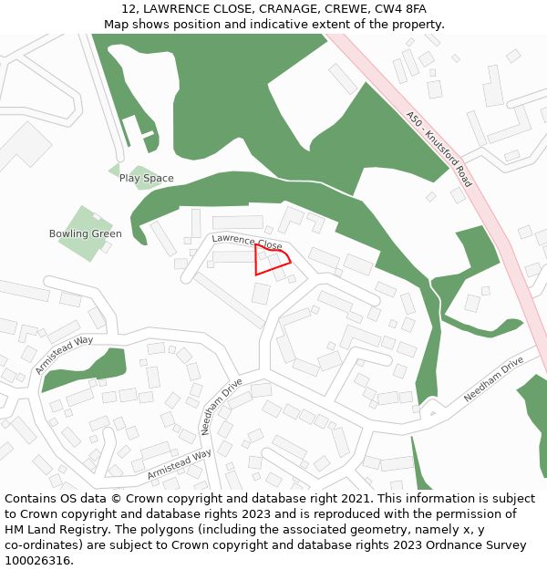 12, LAWRENCE CLOSE, CRANAGE, CREWE, CW4 8FA: Location map and indicative extent of plot