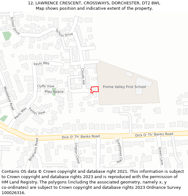 12, LAWRENCE CRESCENT, CROSSWAYS, DORCHESTER, DT2 8WL: Location map and indicative extent of plot