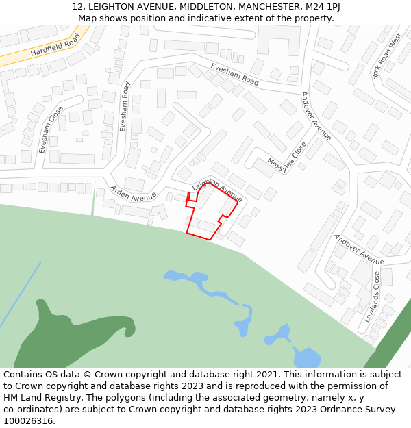 12, LEIGHTON AVENUE, MIDDLETON, MANCHESTER, M24 1PJ: Location map and indicative extent of plot