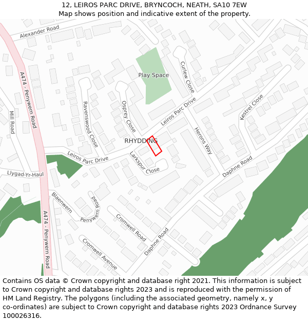 12, LEIROS PARC DRIVE, BRYNCOCH, NEATH, SA10 7EW: Location map and indicative extent of plot