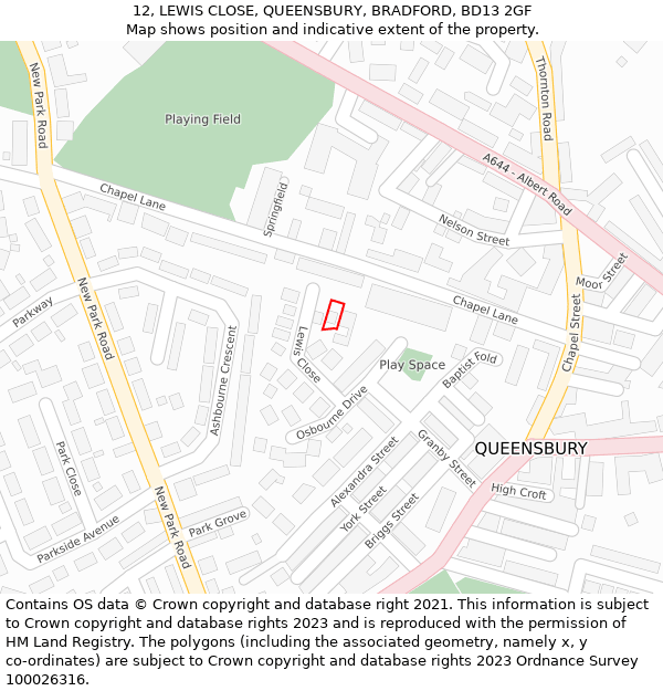 12, LEWIS CLOSE, QUEENSBURY, BRADFORD, BD13 2GF: Location map and indicative extent of plot