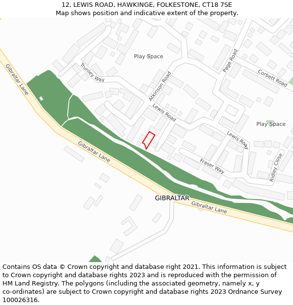 12, LEWIS ROAD, HAWKINGE, FOLKESTONE, CT18 7SE: Location map and indicative extent of plot