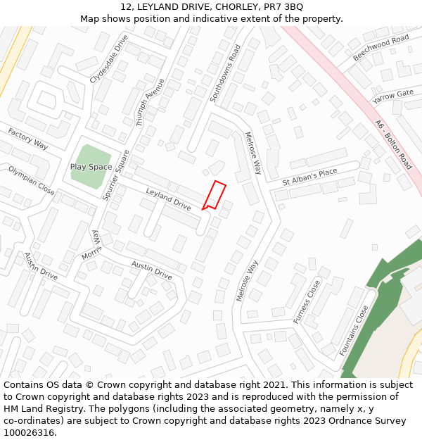 12, LEYLAND DRIVE, CHORLEY, PR7 3BQ: Location map and indicative extent of plot