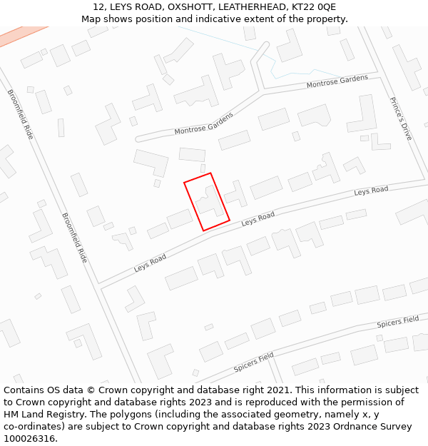 12, LEYS ROAD, OXSHOTT, LEATHERHEAD, KT22 0QE: Location map and indicative extent of plot
