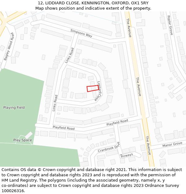 12, LIDDIARD CLOSE, KENNINGTON, OXFORD, OX1 5RY: Location map and indicative extent of plot