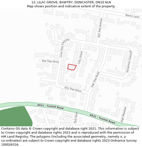 12, LILAC GROVE, BAWTRY, DONCASTER, DN10 6LN: Location map and indicative extent of plot