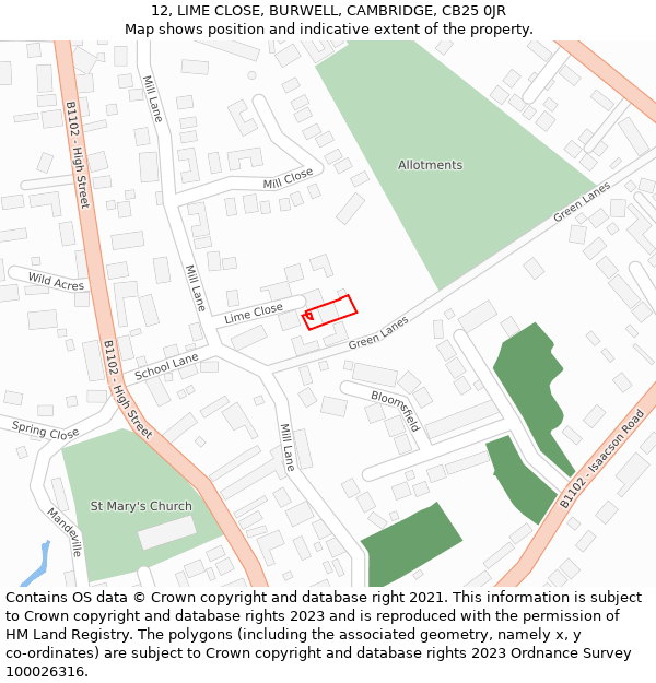 12, LIME CLOSE, BURWELL, CAMBRIDGE, CB25 0JR: Location map and indicative extent of plot