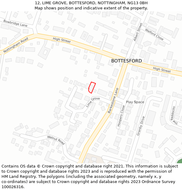 12, LIME GROVE, BOTTESFORD, NOTTINGHAM, NG13 0BH: Location map and indicative extent of plot