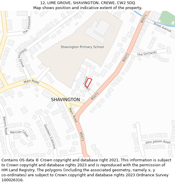 12, LIME GROVE, SHAVINGTON, CREWE, CW2 5DQ: Location map and indicative extent of plot