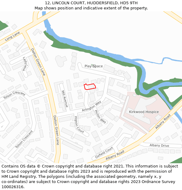 12, LINCOLN COURT, HUDDERSFIELD, HD5 9TH: Location map and indicative extent of plot