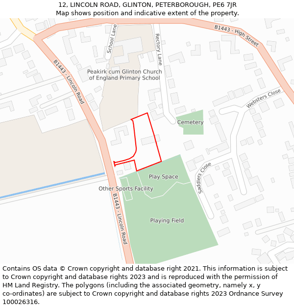 12, LINCOLN ROAD, GLINTON, PETERBOROUGH, PE6 7JR: Location map and indicative extent of plot