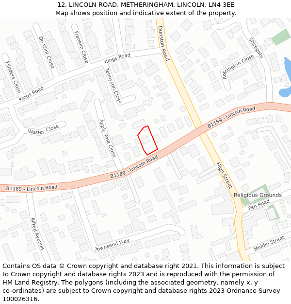 12, LINCOLN ROAD, METHERINGHAM, LINCOLN, LN4 3EE: Location map and indicative extent of plot