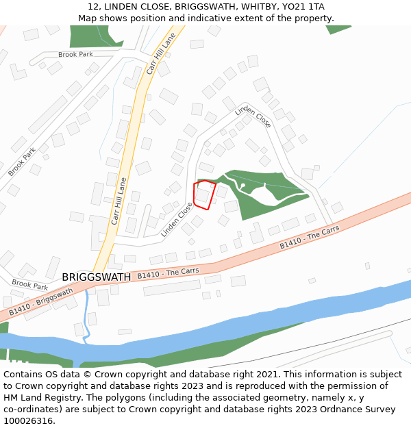 12, LINDEN CLOSE, BRIGGSWATH, WHITBY, YO21 1TA: Location map and indicative extent of plot