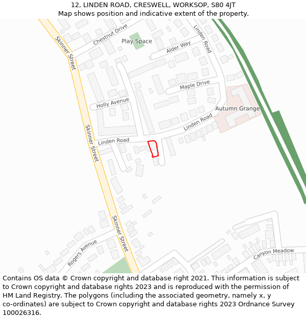 12, LINDEN ROAD, CRESWELL, WORKSOP, S80 4JT: Location map and indicative extent of plot