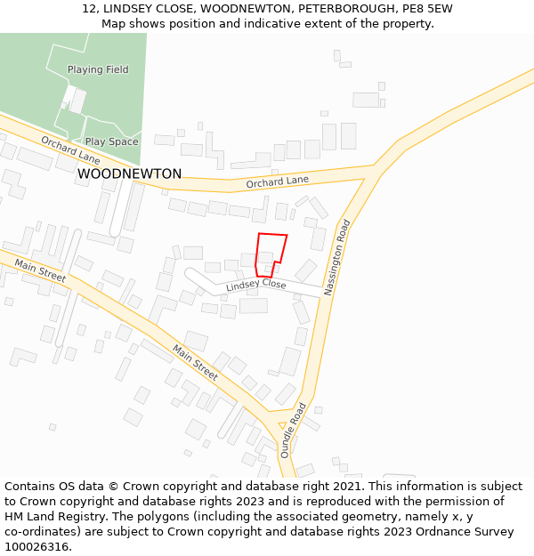 12, LINDSEY CLOSE, WOODNEWTON, PETERBOROUGH, PE8 5EW: Location map and indicative extent of plot