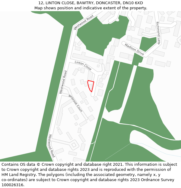 12, LINTON CLOSE, BAWTRY, DONCASTER, DN10 6XD: Location map and indicative extent of plot