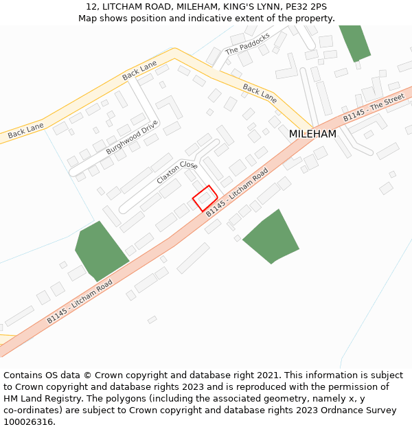 12, LITCHAM ROAD, MILEHAM, KING'S LYNN, PE32 2PS: Location map and indicative extent of plot