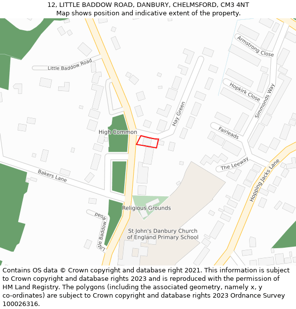 12, LITTLE BADDOW ROAD, DANBURY, CHELMSFORD, CM3 4NT: Location map and indicative extent of plot