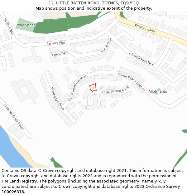 12, LITTLE BATTEN ROAD, TOTNES, TQ9 5GQ: Location map and indicative extent of plot