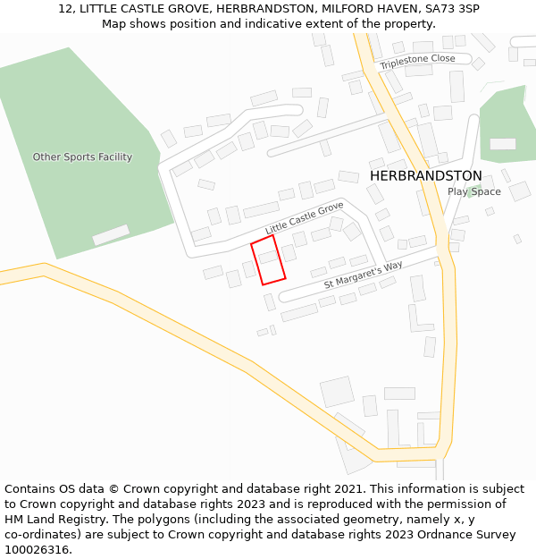 12, LITTLE CASTLE GROVE, HERBRANDSTON, MILFORD HAVEN, SA73 3SP: Location map and indicative extent of plot
