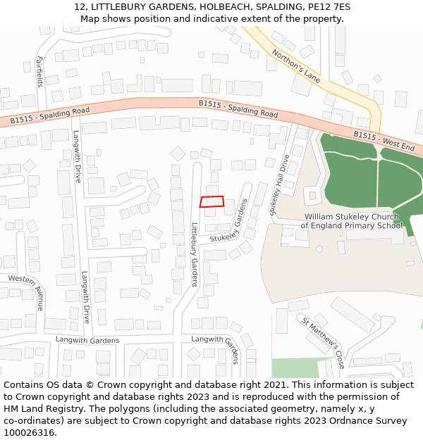 12, LITTLEBURY GARDENS, HOLBEACH, SPALDING, PE12 7ES: Location map and indicative extent of plot