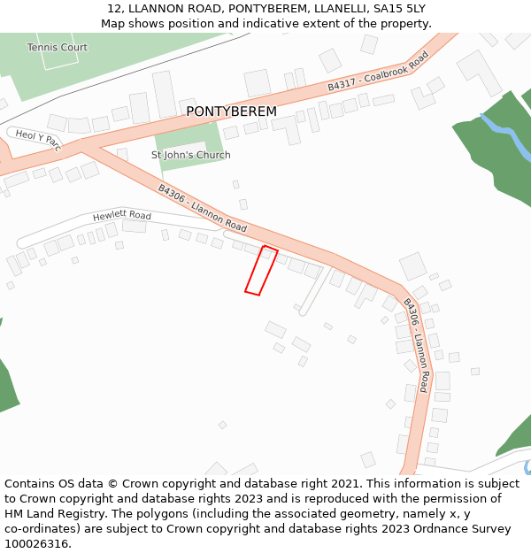 12, LLANNON ROAD, PONTYBEREM, LLANELLI, SA15 5LY: Location map and indicative extent of plot