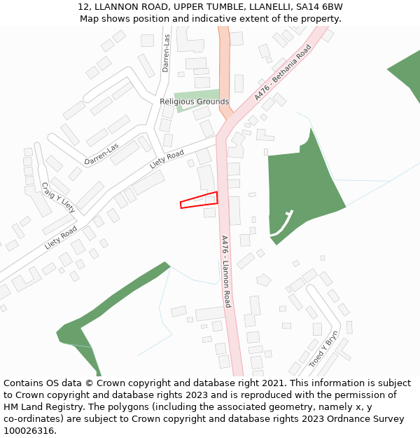 12, LLANNON ROAD, UPPER TUMBLE, LLANELLI, SA14 6BW: Location map and indicative extent of plot