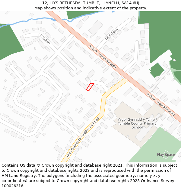 12, LLYS BETHESDA, TUMBLE, LLANELLI, SA14 6HJ: Location map and indicative extent of plot