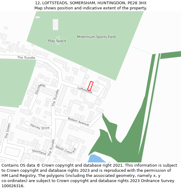 12, LOFTSTEADS, SOMERSHAM, HUNTINGDON, PE28 3HX: Location map and indicative extent of plot