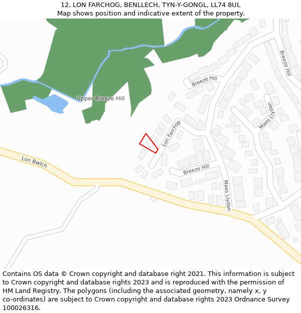 12, LON FARCHOG, BENLLECH, TYN-Y-GONGL, LL74 8UL: Location map and indicative extent of plot