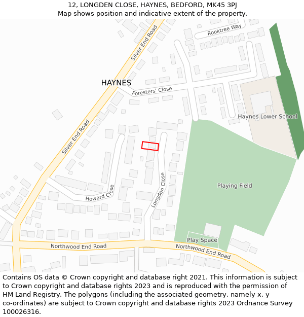 12, LONGDEN CLOSE, HAYNES, BEDFORD, MK45 3PJ: Location map and indicative extent of plot