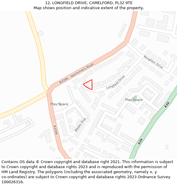 12, LONGFIELD DRIVE, CAMELFORD, PL32 9TE: Location map and indicative extent of plot