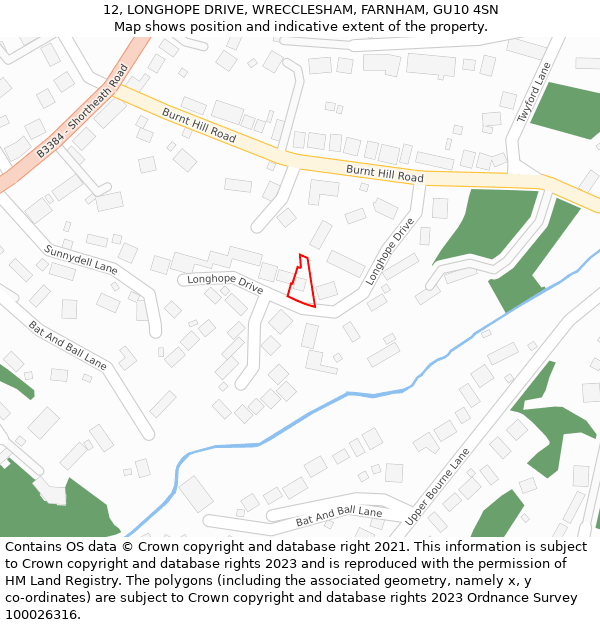 12, LONGHOPE DRIVE, WRECCLESHAM, FARNHAM, GU10 4SN: Location map and indicative extent of plot