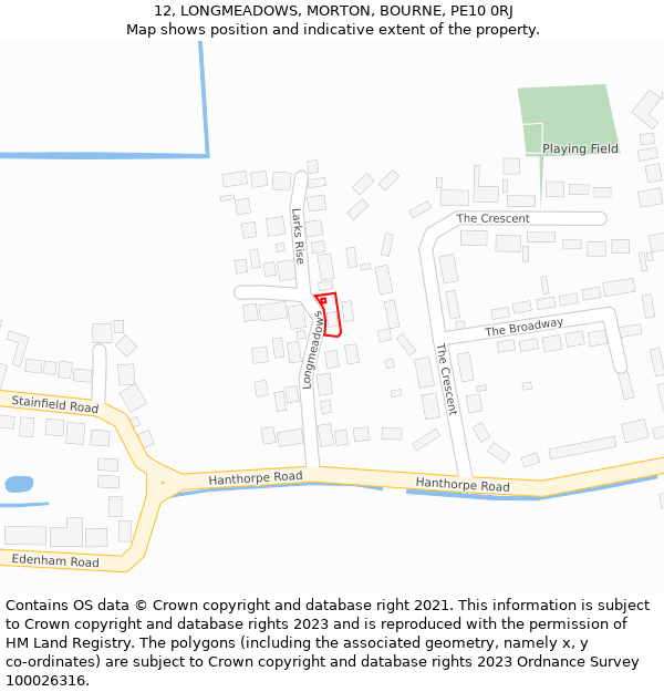 12, LONGMEADOWS, MORTON, BOURNE, PE10 0RJ: Location map and indicative extent of plot