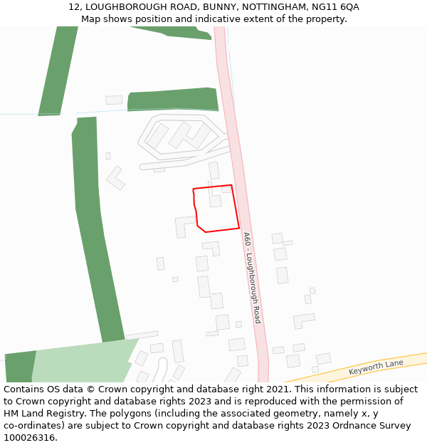 12, LOUGHBOROUGH ROAD, BUNNY, NOTTINGHAM, NG11 6QA: Location map and indicative extent of plot